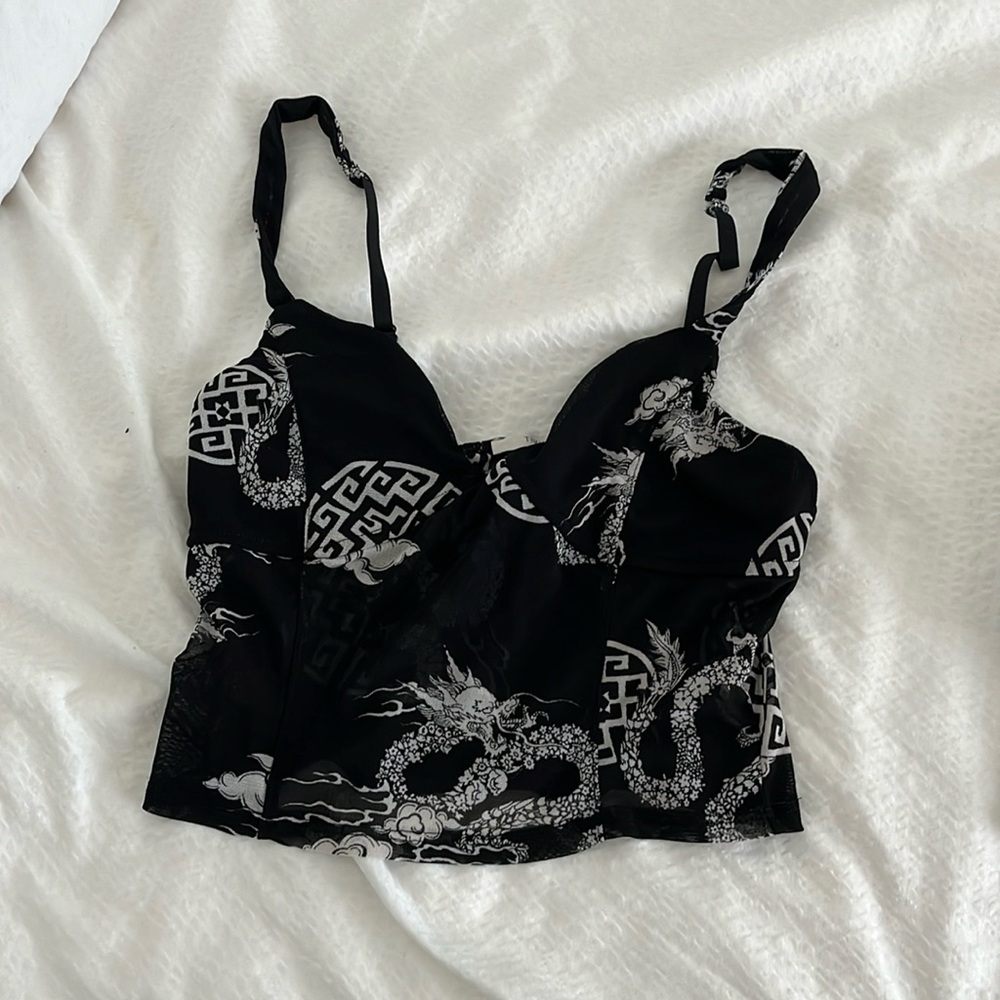 Mesh tank top with dragon designs